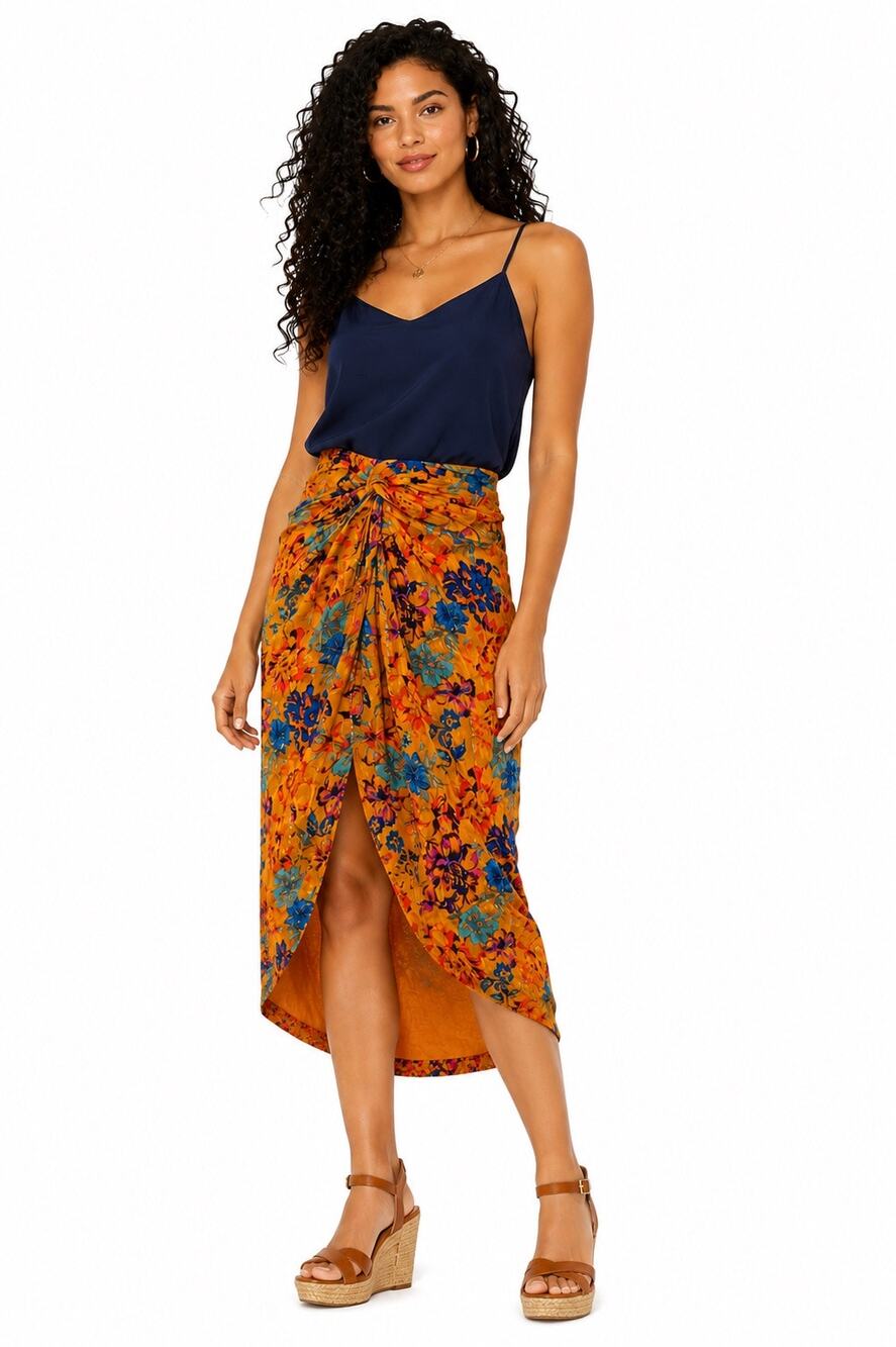 BCBGMaxAzria Orange Floral Print Gathered Waist High Low Midi Skirt